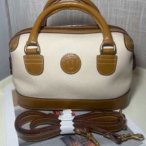 Toledano Beige Brown Pebbled Leather Satchel Bag Detachable Strap Gold Hardware